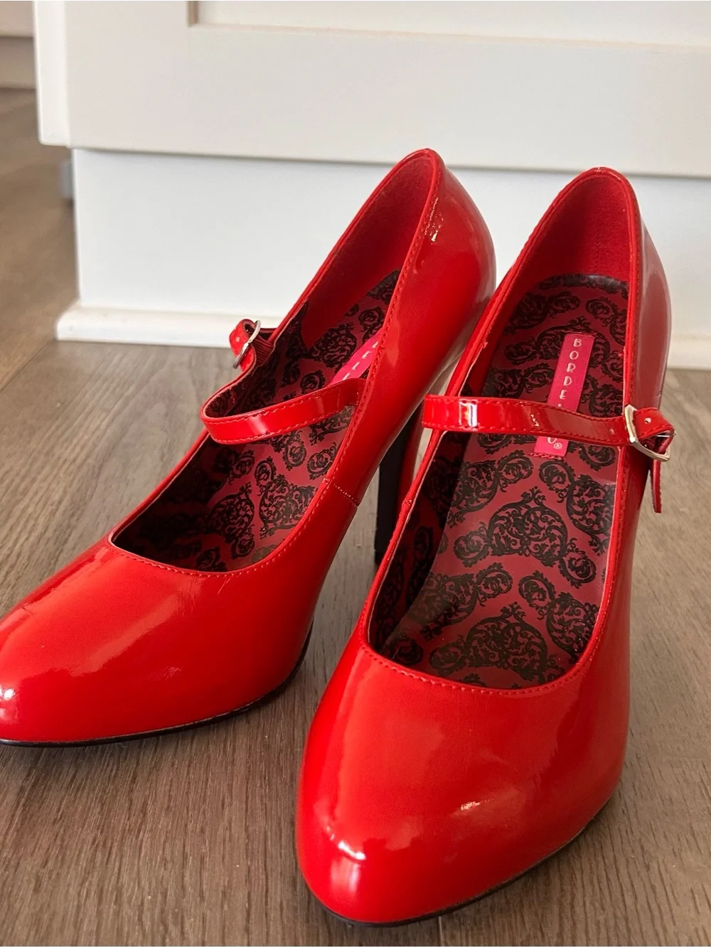 Bordello Red Patent Mary Jane Heels with Ankle Strap